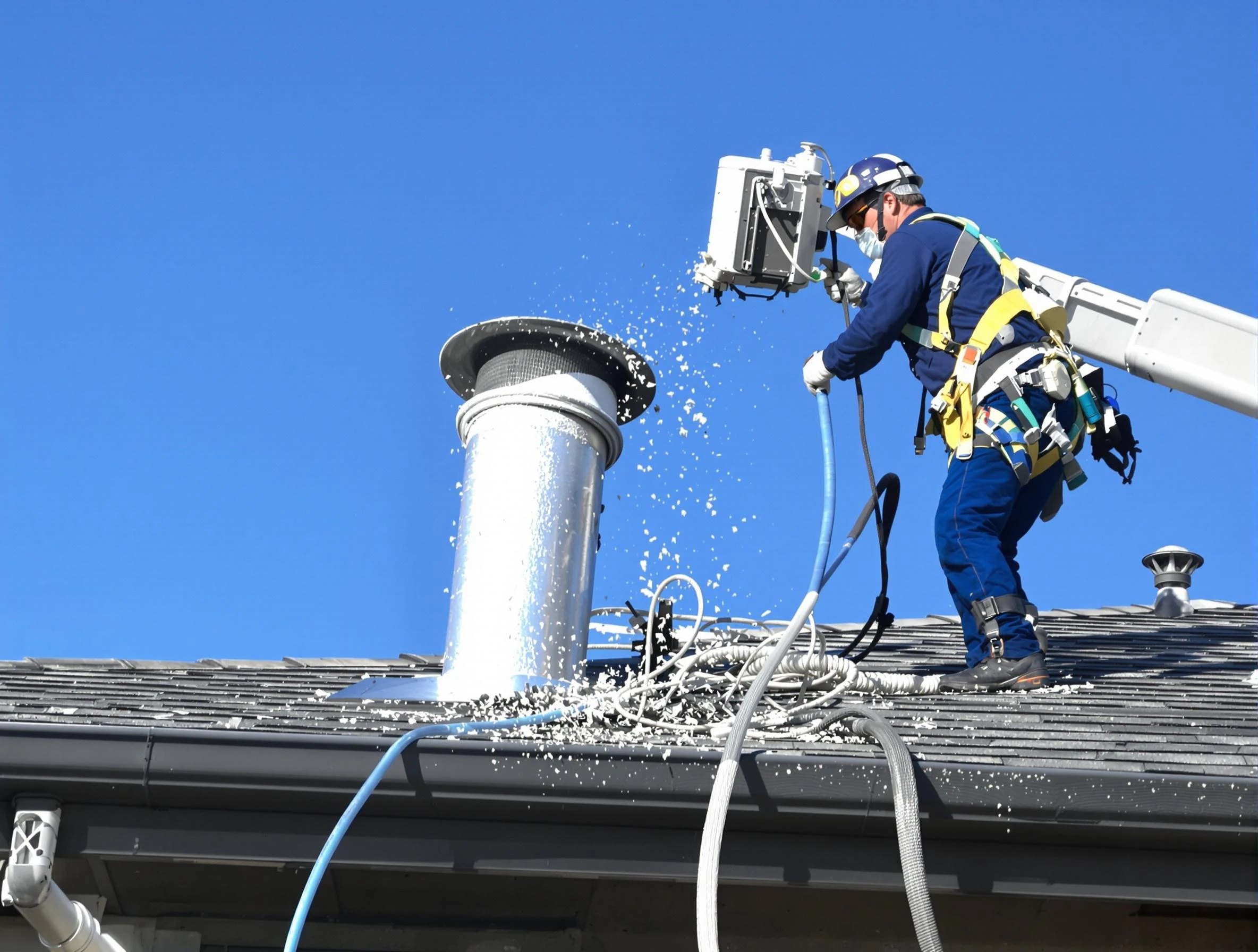 Rockwood Dryer Vent Cleaning certified technician safely cleaning a roof-mounted dryer vent in Rockwood